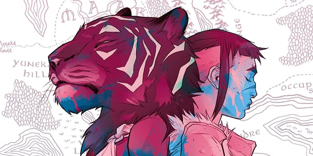 promotional art for the comic book series Isola featuring Captain Rook on the right and Queen Olwyn with a tiger's head on the left against a background of a map