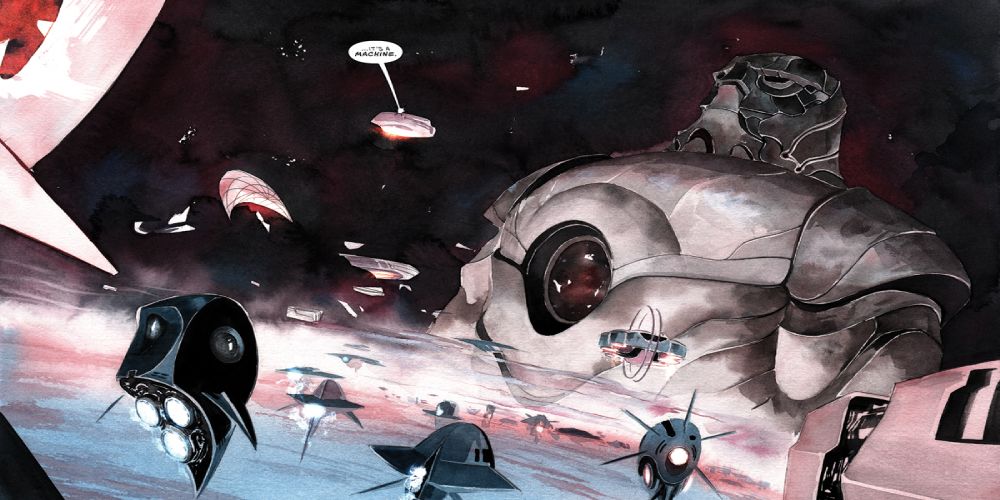 a frame from an issue of Descender featuring a large robot in space surrounded by tiny space ships encircling it