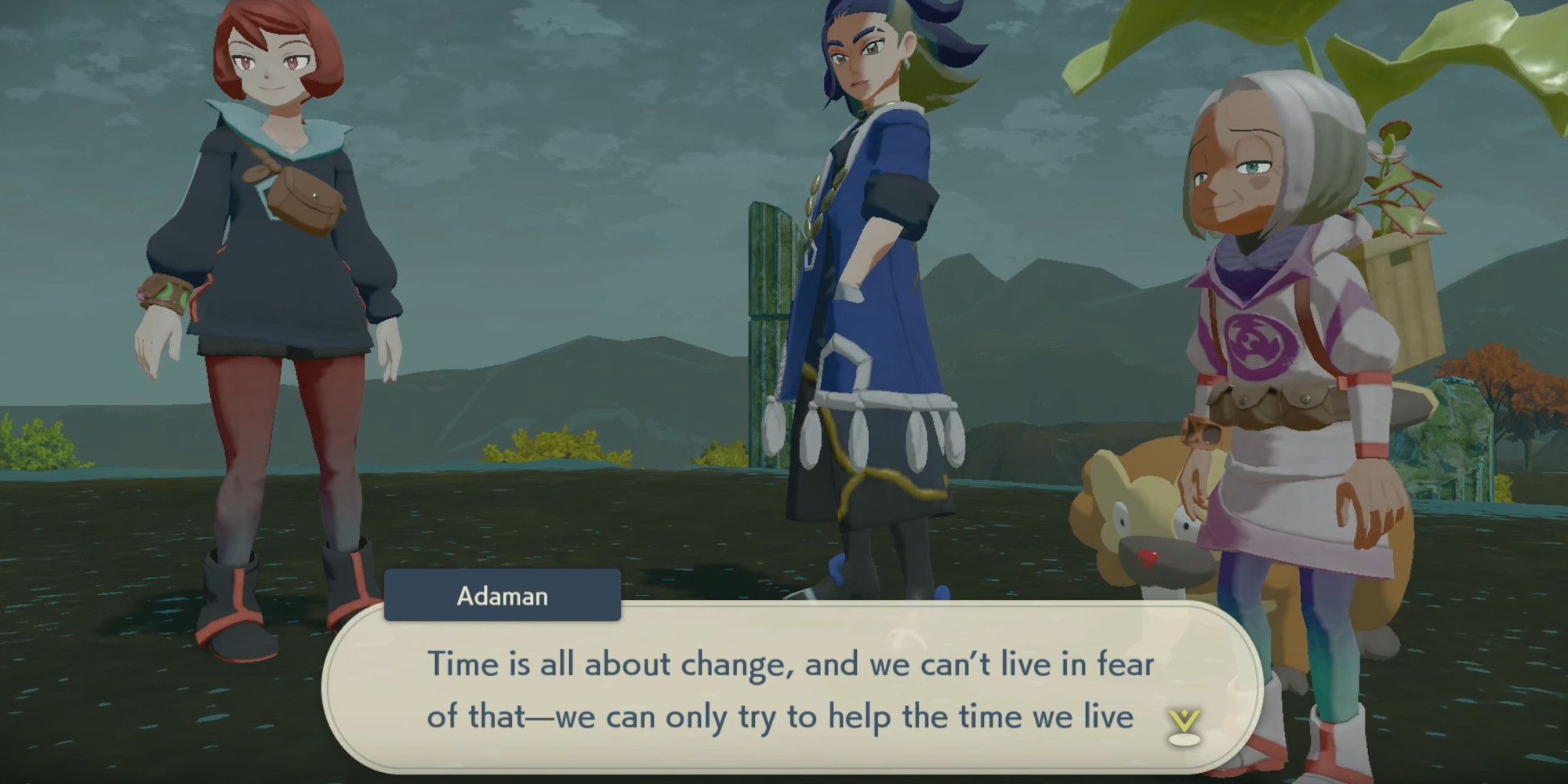 Adaman from Pokemon Legends Arceus, in the Crimson Mirelands saying "Time is all about change, and we can't live in fear of that..." Arezu, the Diamond Clan Warden, standing to the left of him, and Calaba the Peal Clan Warden is standing to the right of him, alongside her Bibarel