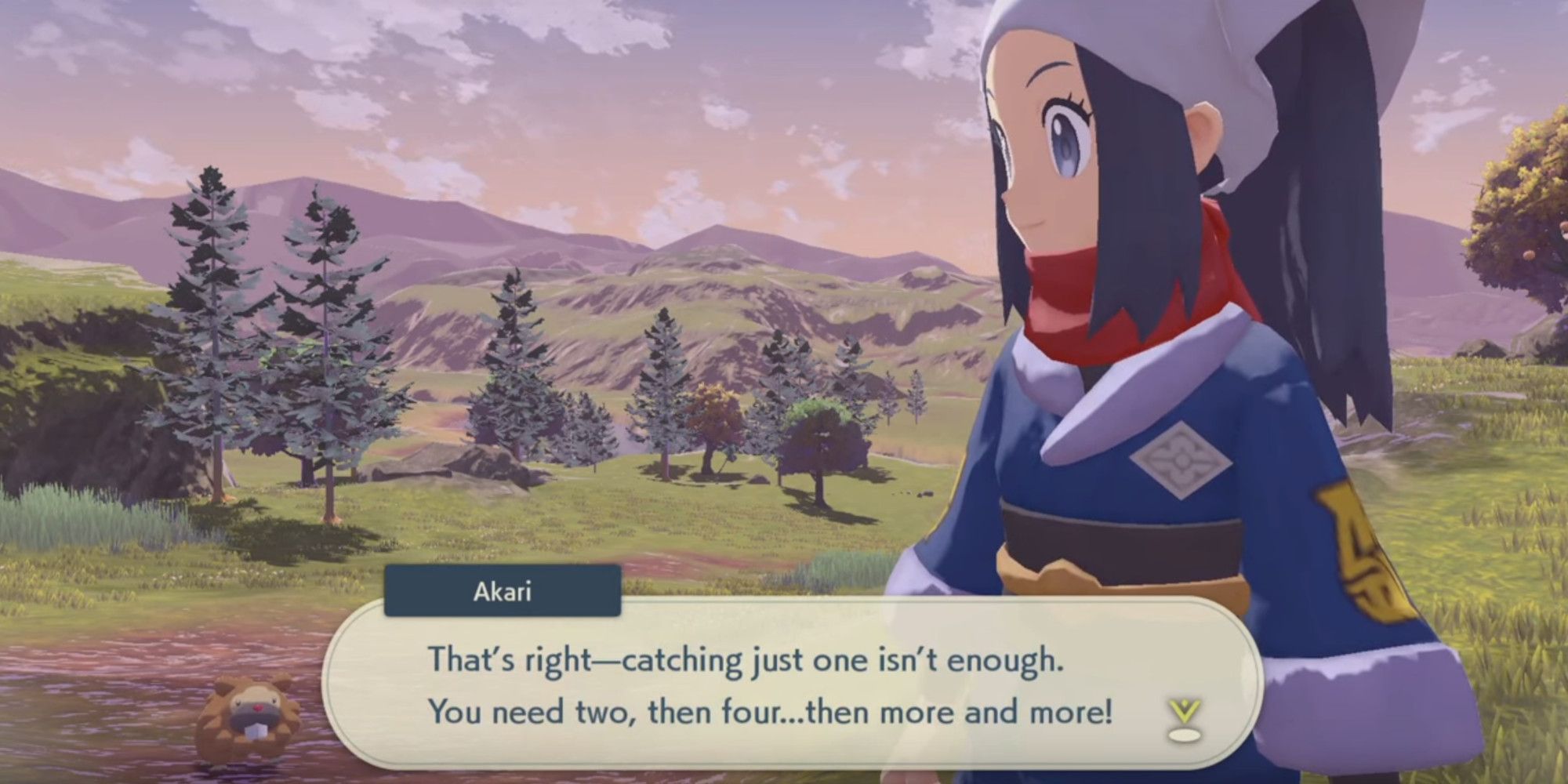 Akari from Pokemon Legends Arceus (or Rei depending on the player's gender, but in this image it's Akari) saying "That's right catching just one isn't enough. You need two, then four... then more and more!". She is in the Obsidian Fieldlands and standing just behind her is a friendly Bidoof.