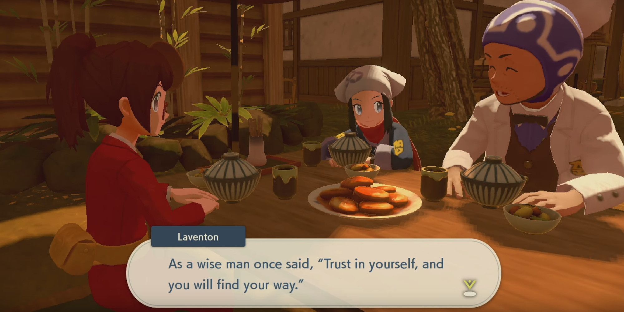 Laventon from Pokemon Legends Arceus at the Wallflower, along with Akari and the player. He is saying "As a wise man once said, 'Trust in yourself and you will find you way.'"