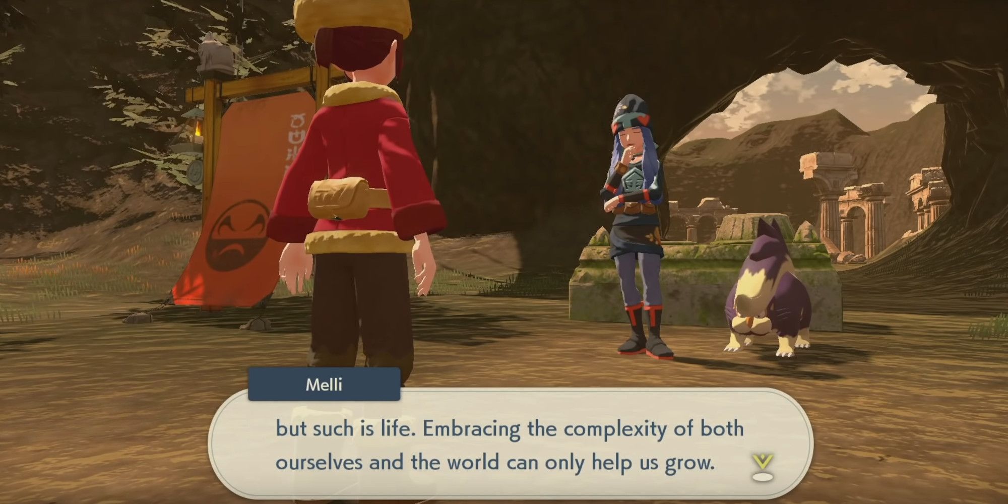 Melli and the player from Pokemon Legends Arceus standing across from each other in the Coronet Highlands, outside of Voltorb's arena. Melli's skuntank is standing beside him, and Melli is saying "Embracing the complexity of both ourselves and the world can only help us grow."