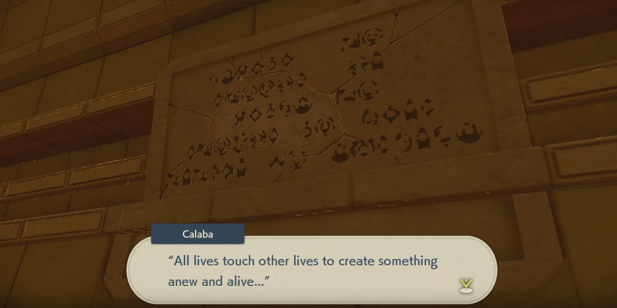 The text from the wall in the Solaceon Ruins in the Crimson Mirelands from Pokemon Legends Arceus that reads "All lives touch other lives to create something anew and alive..." This text is read by Calaba, the Pearl Clan warden
