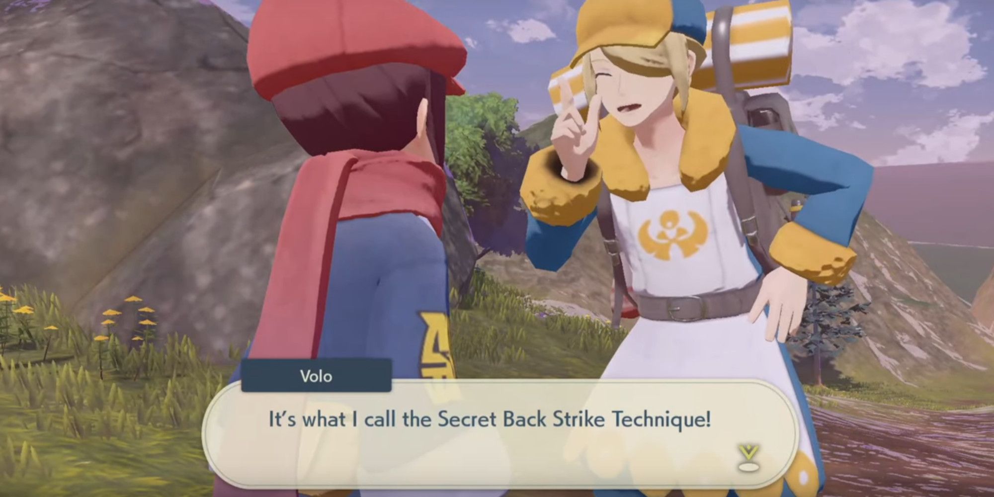 Volo from Pokemon Legends Arceus telling the player "It's what I call the Secret Back Strike Technique!" in the Obsidian Fieldlands