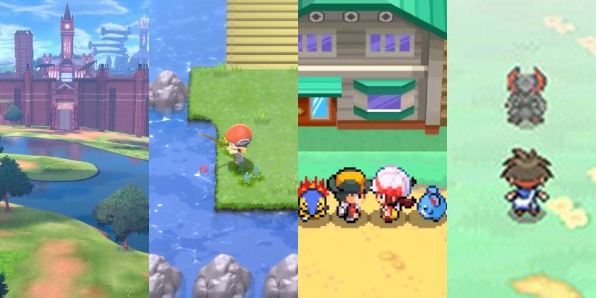 Photo collage of the wild area from Pokemon Sword and Shield, fishing from Pokemon Brilliant Diamond and Shining Pearl, friend encounter from Pokemon HeartGold and SoulSilver, and Haxorus encounter from Pokemon Black and White