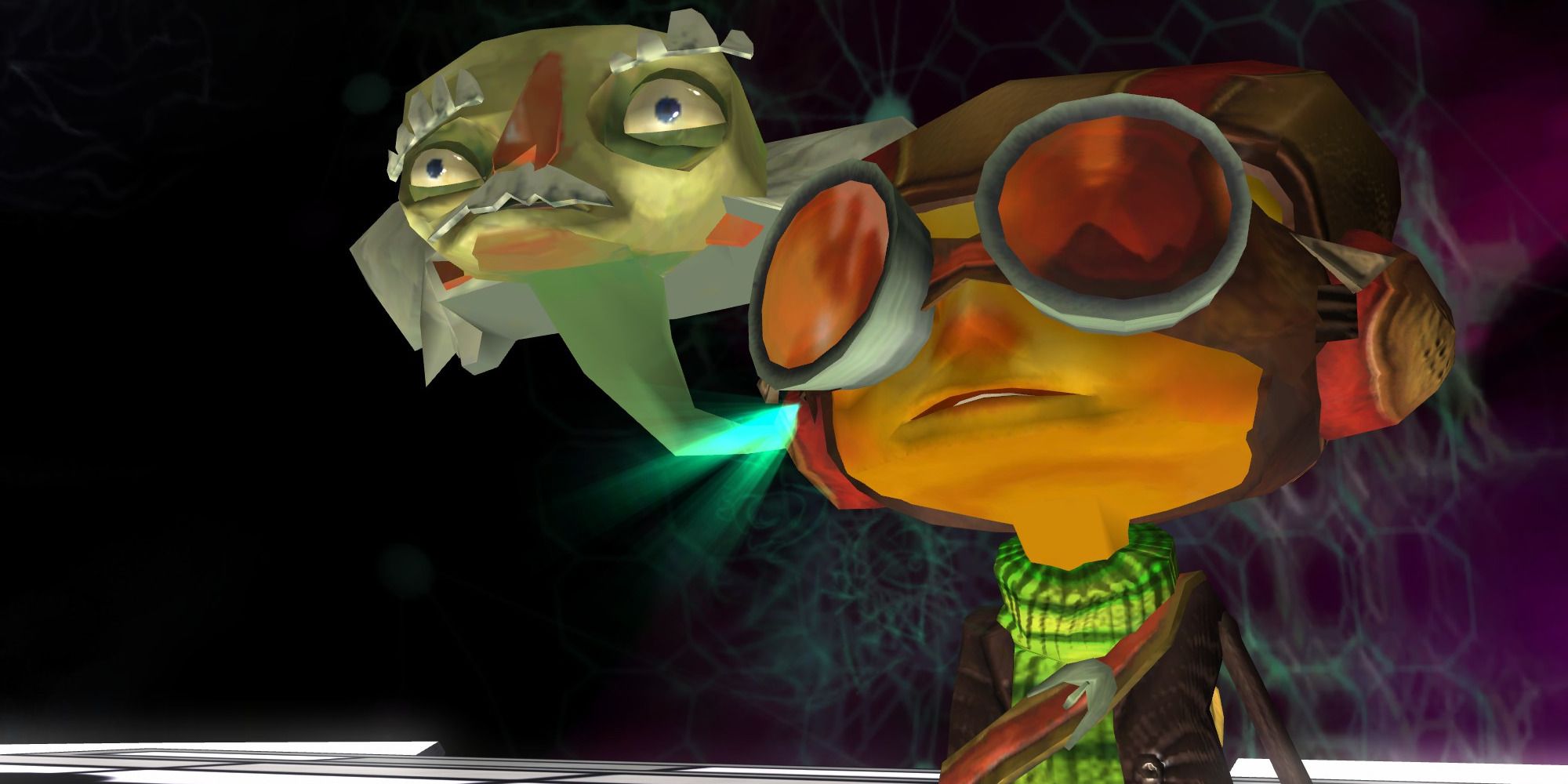 Psychonaughts screenshot with Rasputin Aquato, and the disembodied head of Ford Cruller