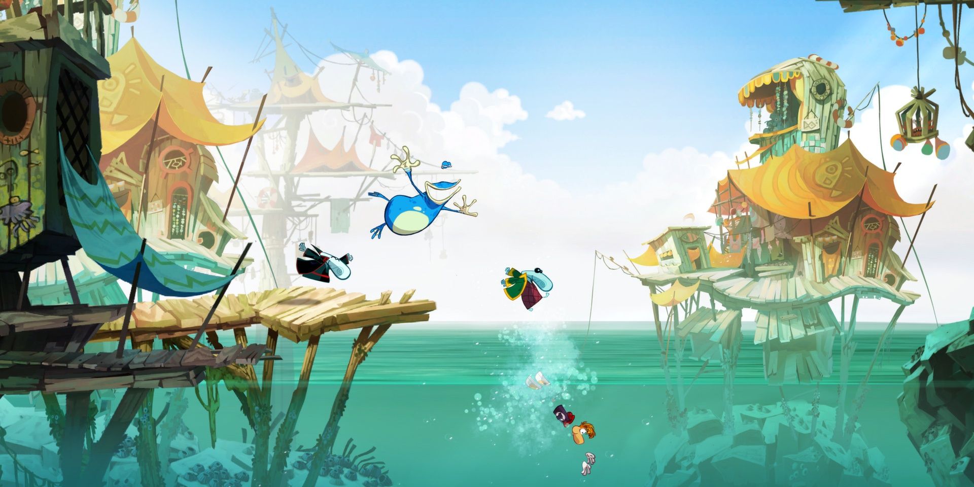 Rayman diving into the water in Rayman Origins 