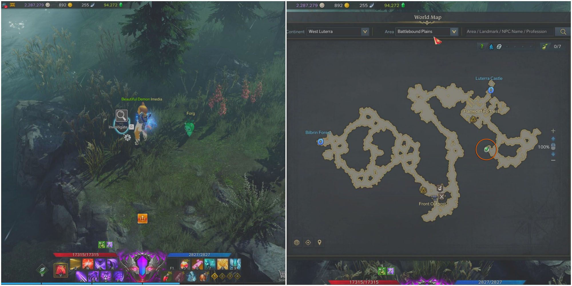 A player looks at vase on shore of lake, and a map of Battlebound Plains shows Regent's Donkey Ears location