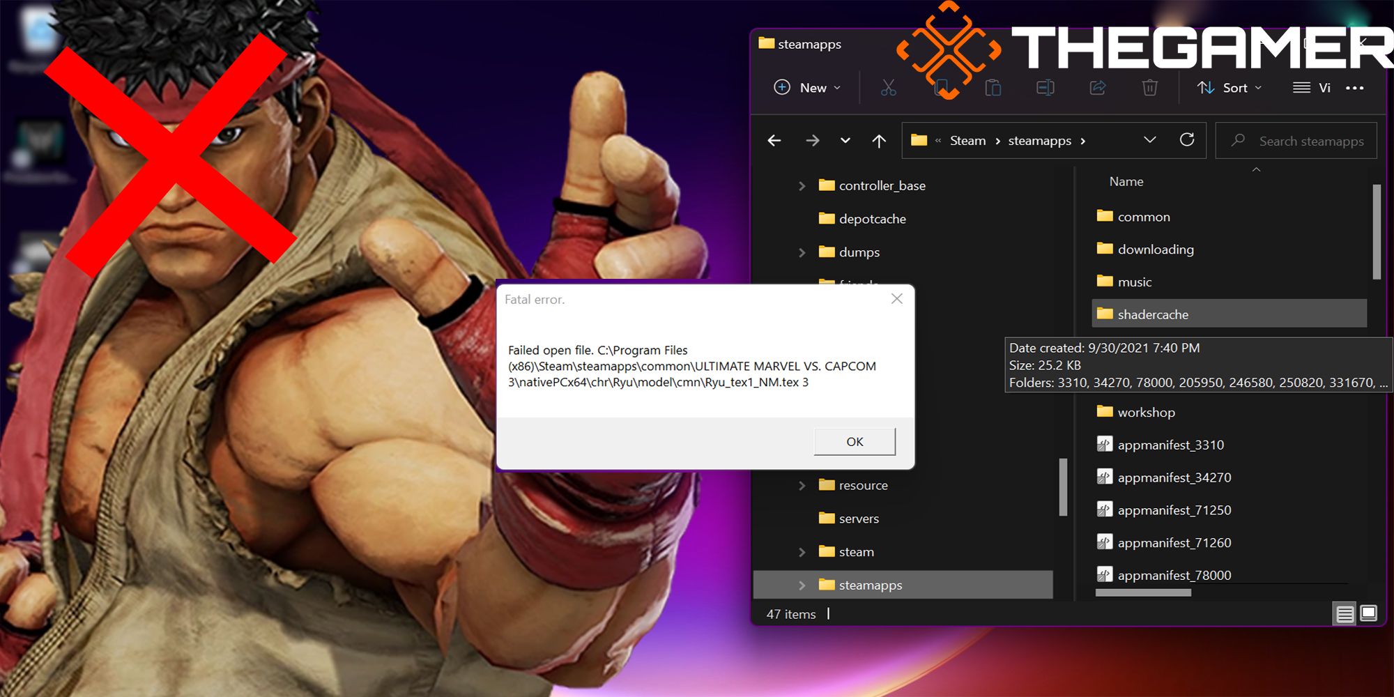 Ryu's profile is crossed out, while an error message is displayed for Ultimate Marvel Vs. Capcom 3.