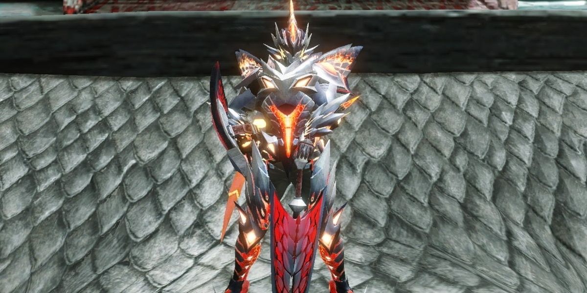 hunter in valstrax armor with a valstrax sword and shield poses with their sword in the ground in front of them and their hand on the pommel, armor and weapon glow like a furnace