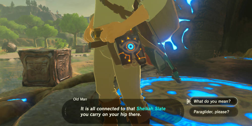 A screenshot of the Sheikah Slate on Link’s belt, bearing the Crest of the Sheikah.