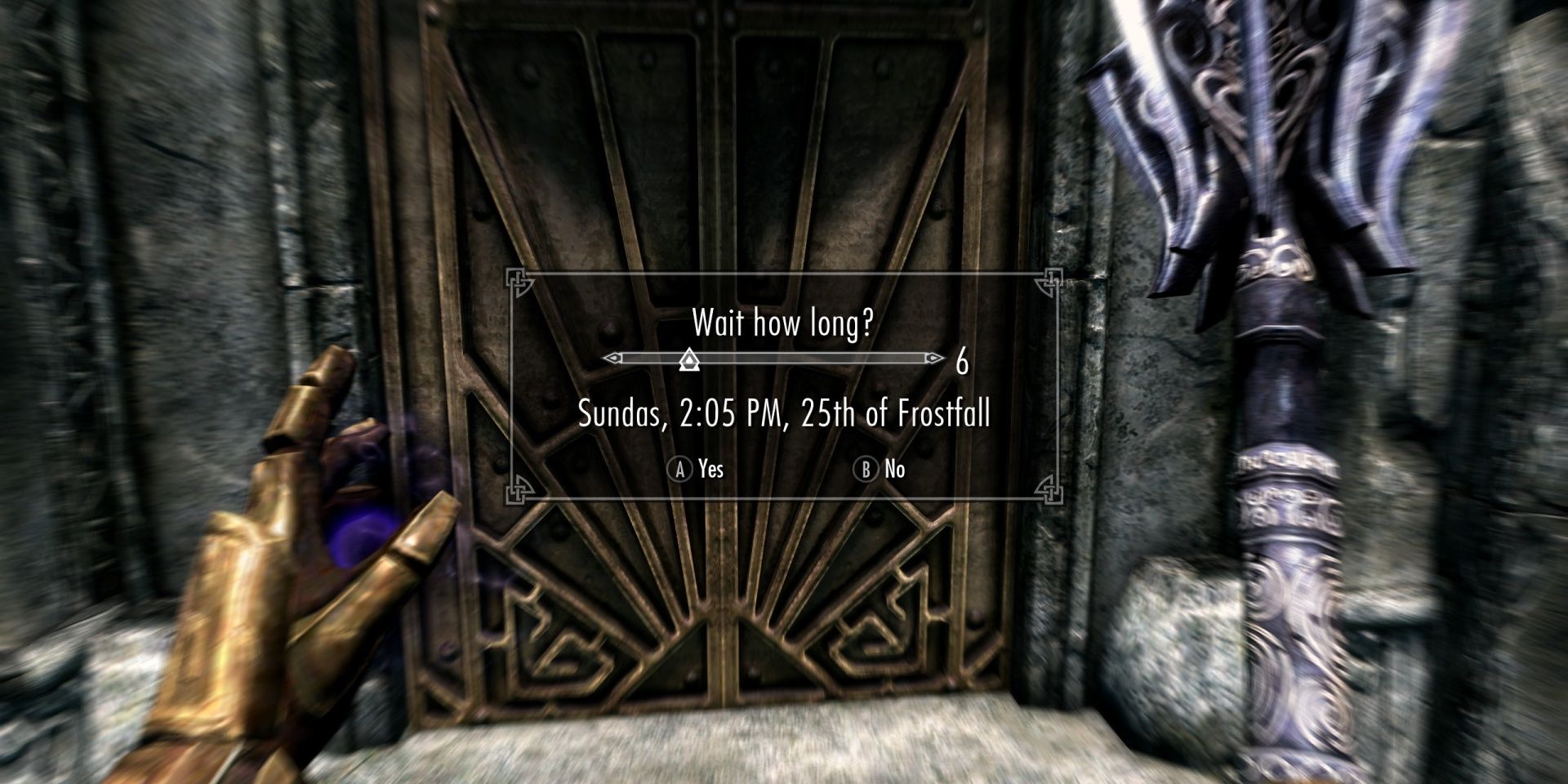 Blurred background of the player looking at a door with their two hands up, with the wait menu in the center