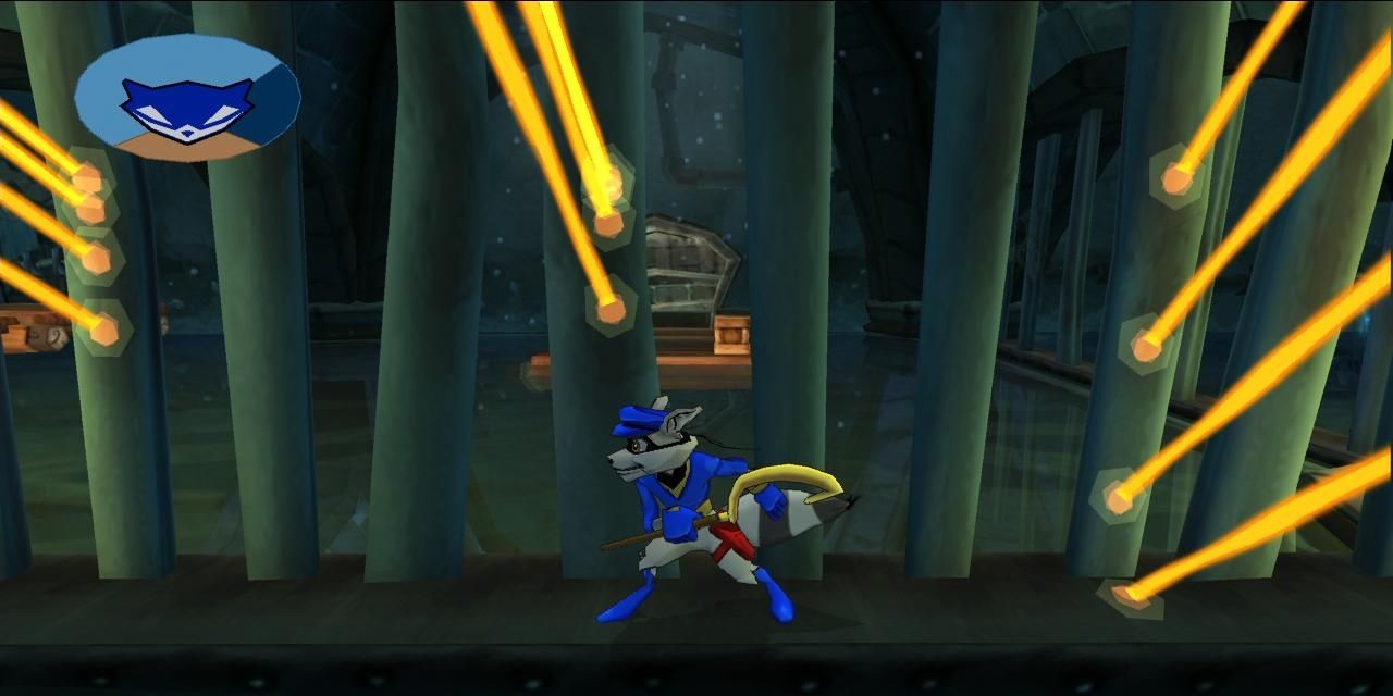 Sly Cooper sneaking behind bars in the Sly Collection 