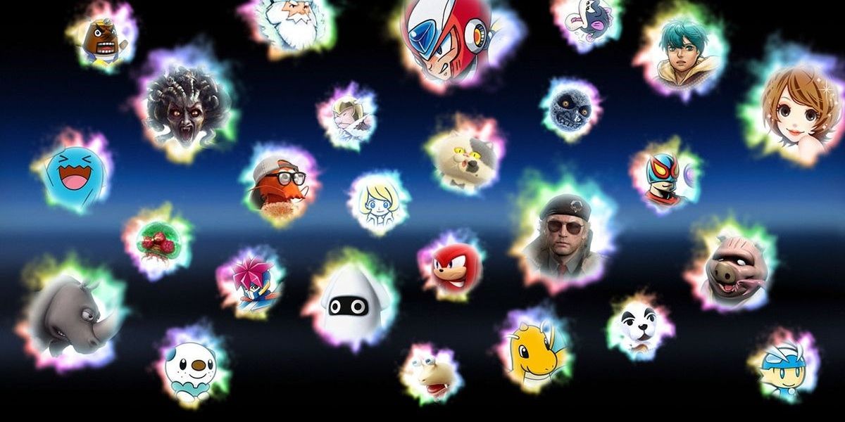 A collection of floating images showing many of the Spirits in Smash Ultimate