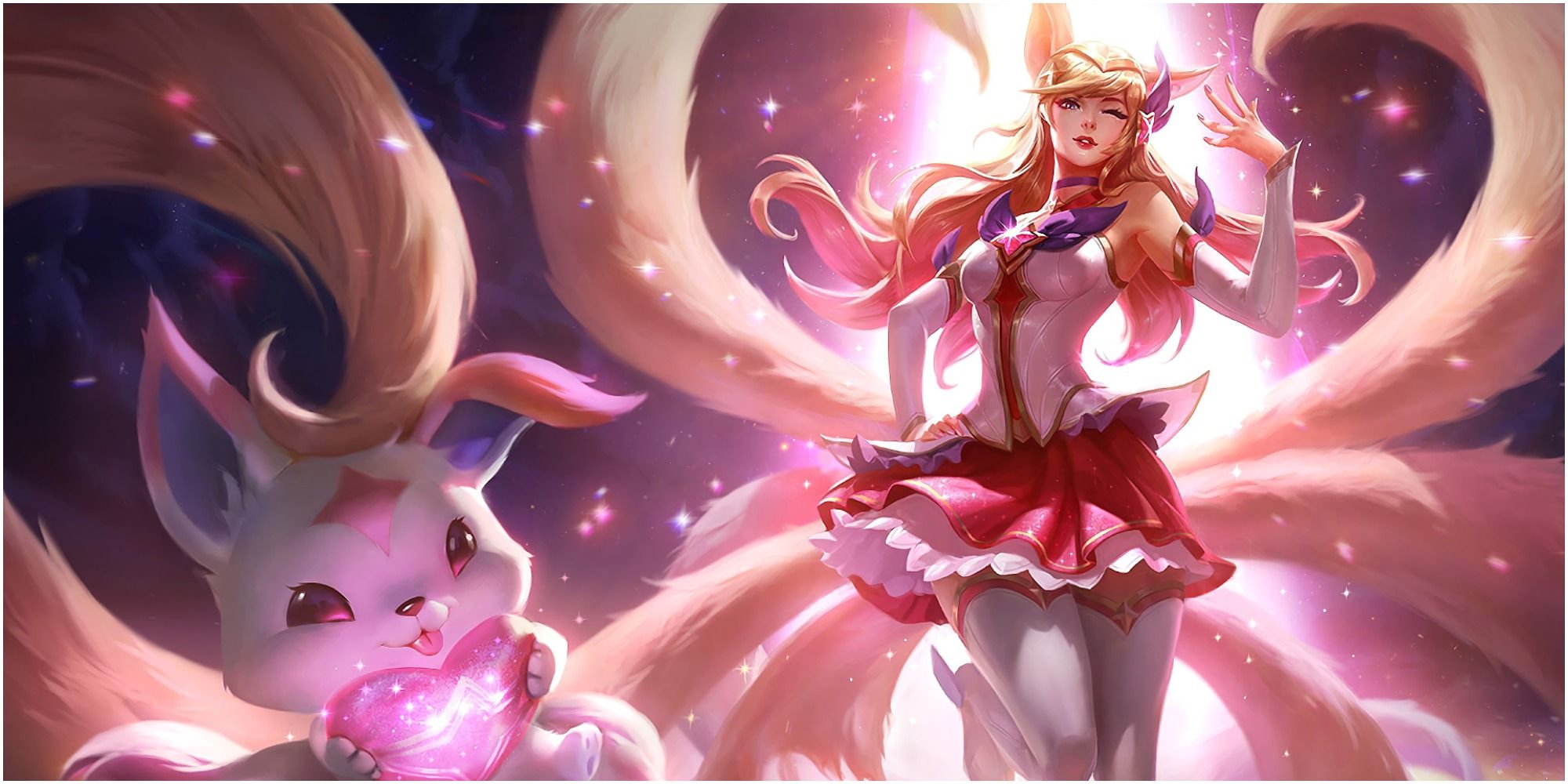 League of Legends Star Guardian Ahri Sparkly star fox with kiko her magical medium bathed in pink starlight magic girl