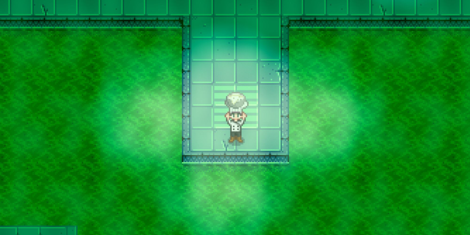 The farmer in Stardew Valley standing in the sewers, wearing a chef's hat and chef's coat, and holding pale broth above their head.