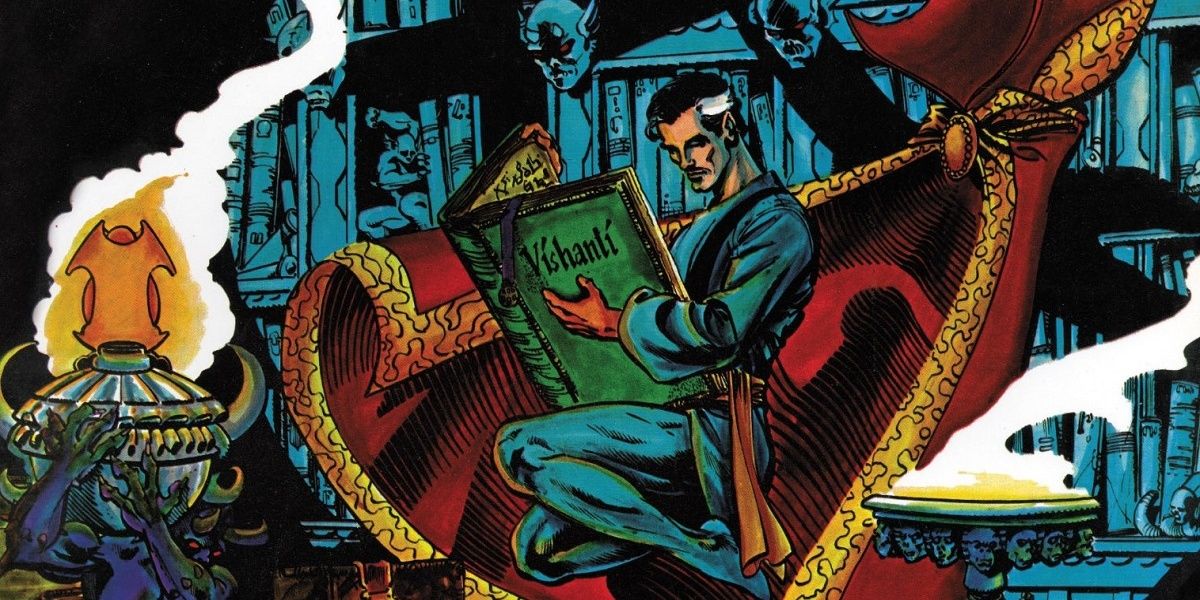 Doctor Strange reads a massive book while floating in the air