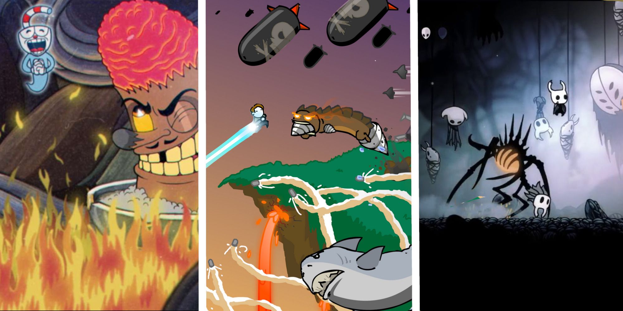 Strangest Platformers of the 2010s including Cuphead, Nosk from Hollow night, and various bosses from No Time To Explain