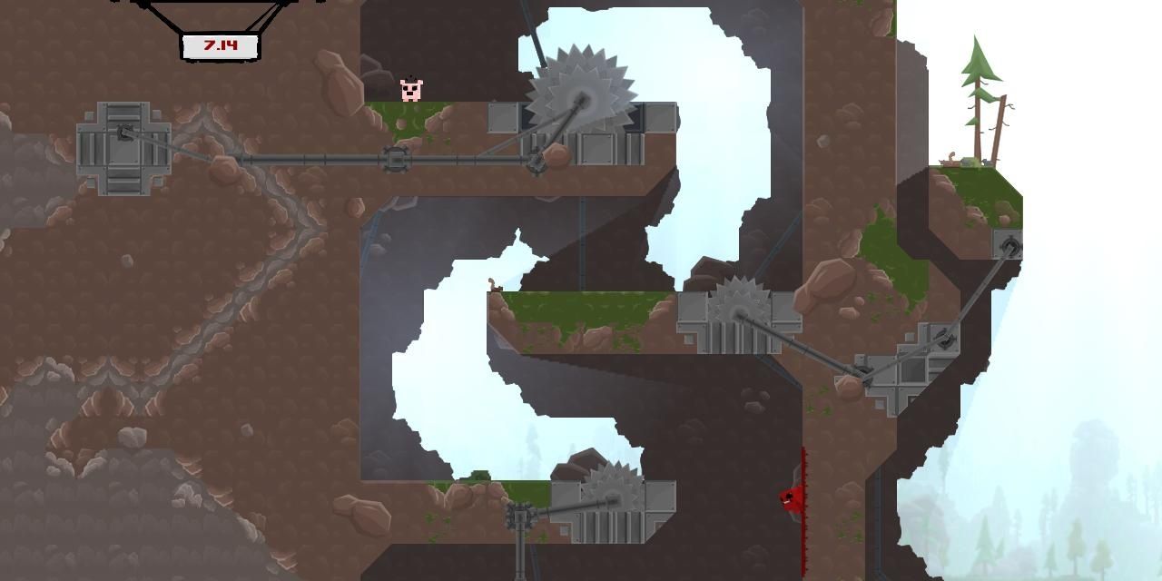 Meat Boy standing atop a stage with three saws beneath him in Super Meat Boy 