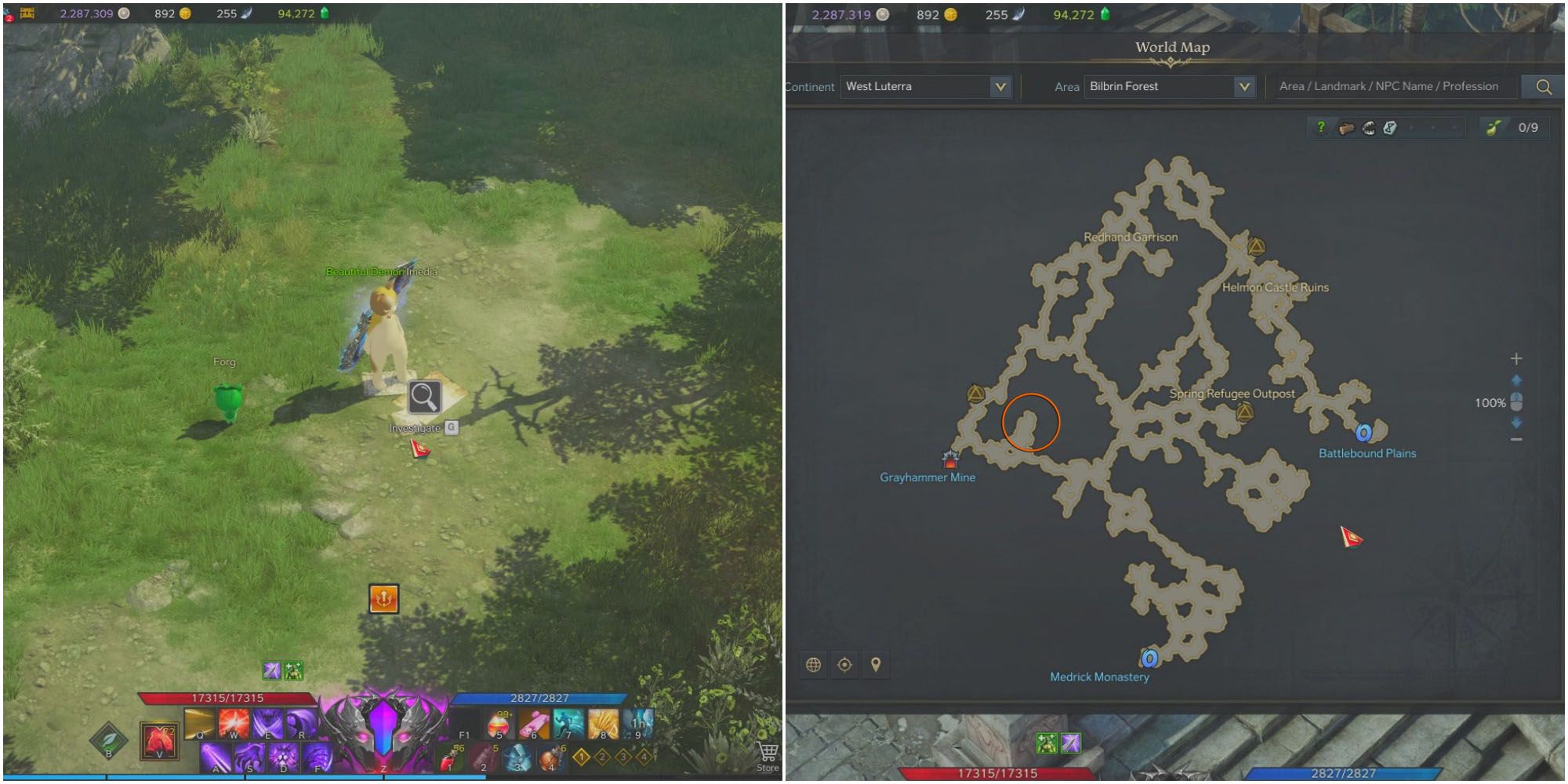 A player stands in empty field with a letter on the ground, a Bilbrin Forest map shows location of Tiger of Bilbrin