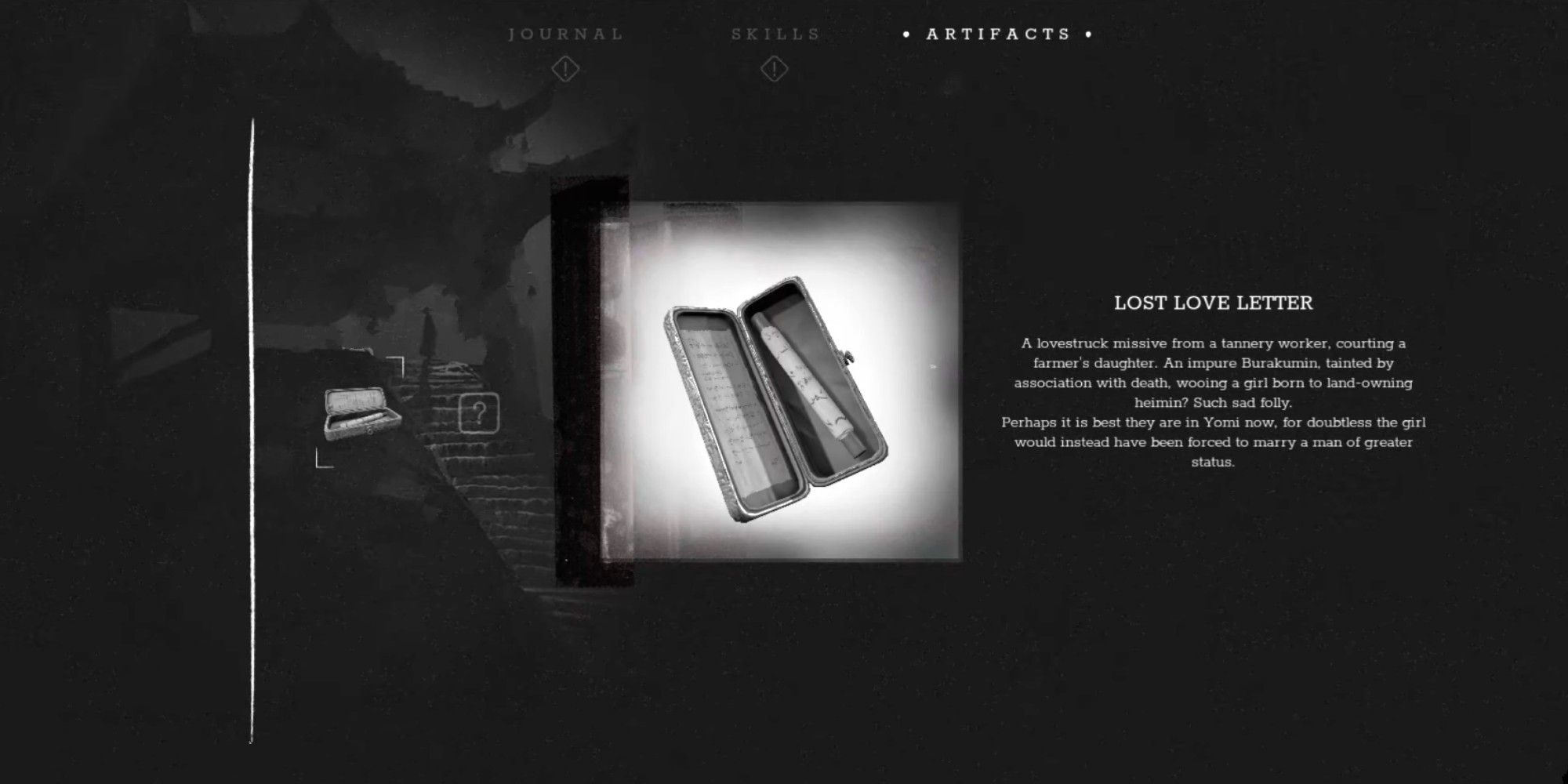 Trek To Yomi Love Letter descriptive text left of picture in middle of screen  