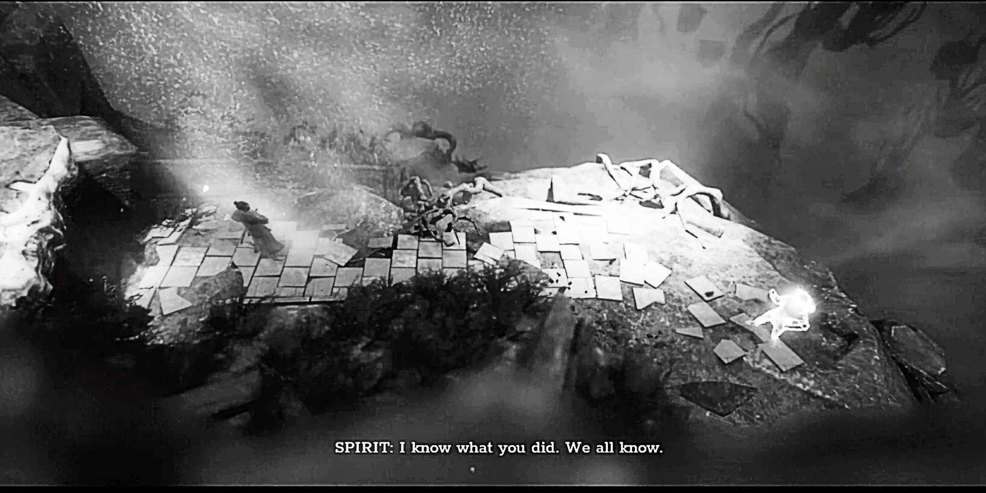 Trek To Yomi Mysterious Past confrontation with ghost from past on a broken bridge subtitles say I know what you did. we all know