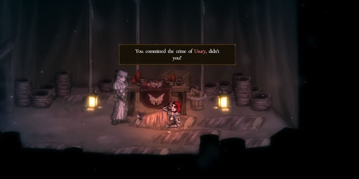 Player in Salt and Sacrifice being reminded of his crime Usury