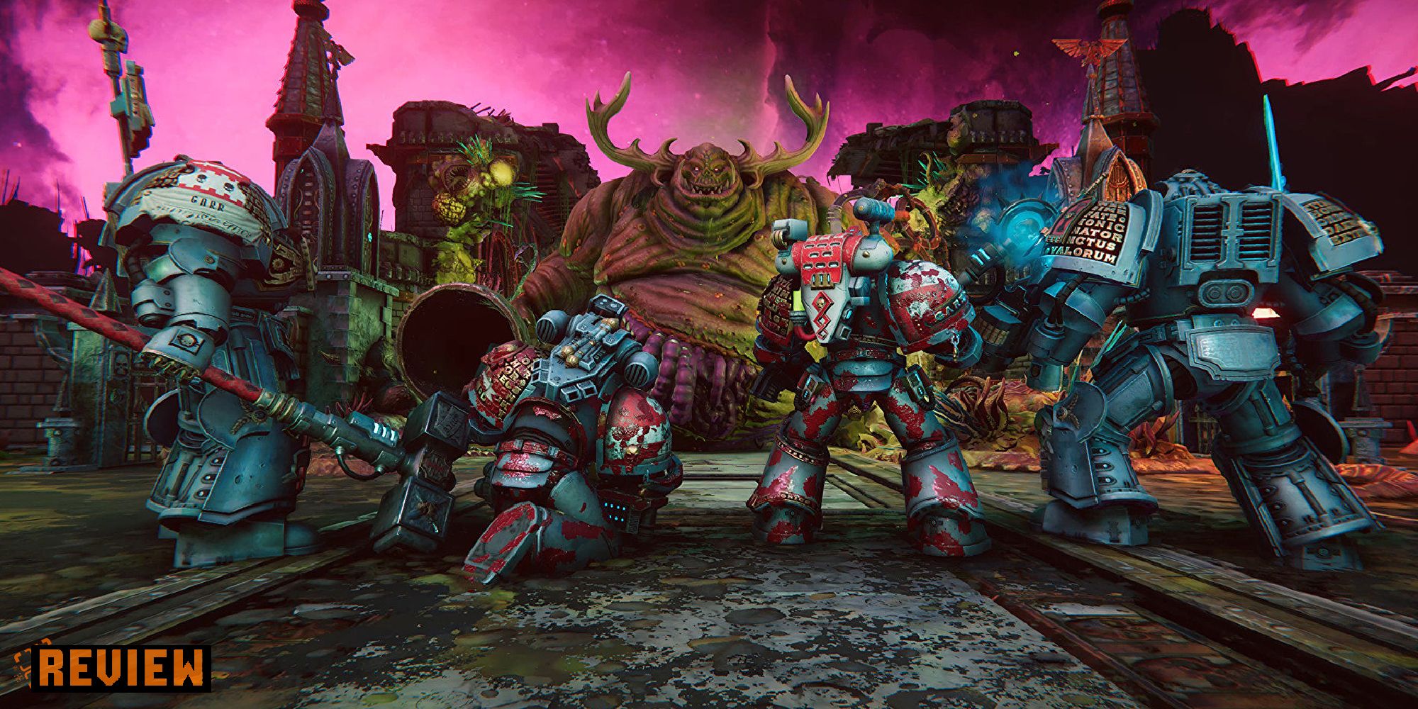 Warhammer 40k review card showing 4 grey knights fighting a Great Unclean One