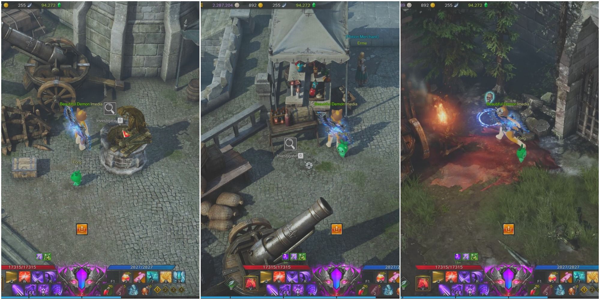 Split image of player at well in mount zagoros, player by potion merchant in mount zagoros, and player by gate in mount zagoros with human skull