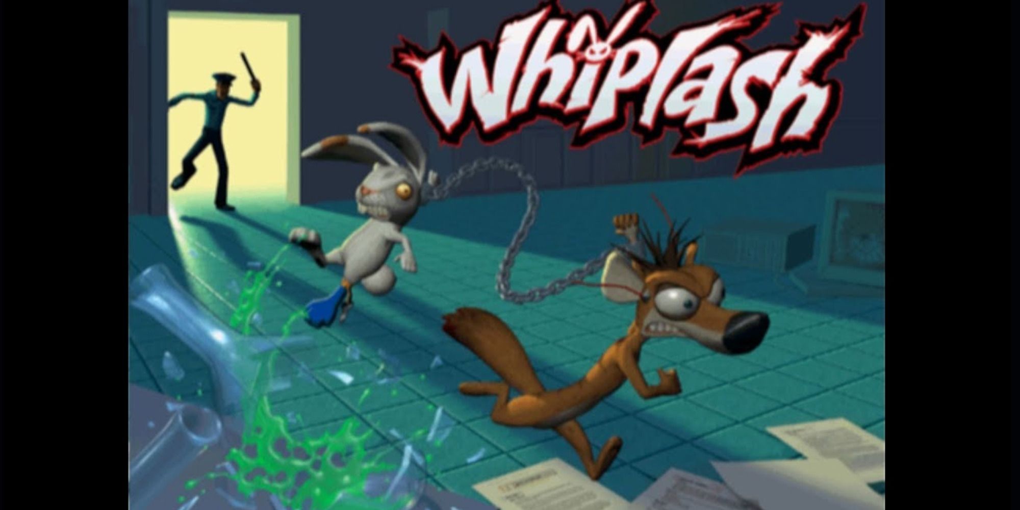 Spanx the Weasel carrying Redmond the Rabbit through an animal testing facility
