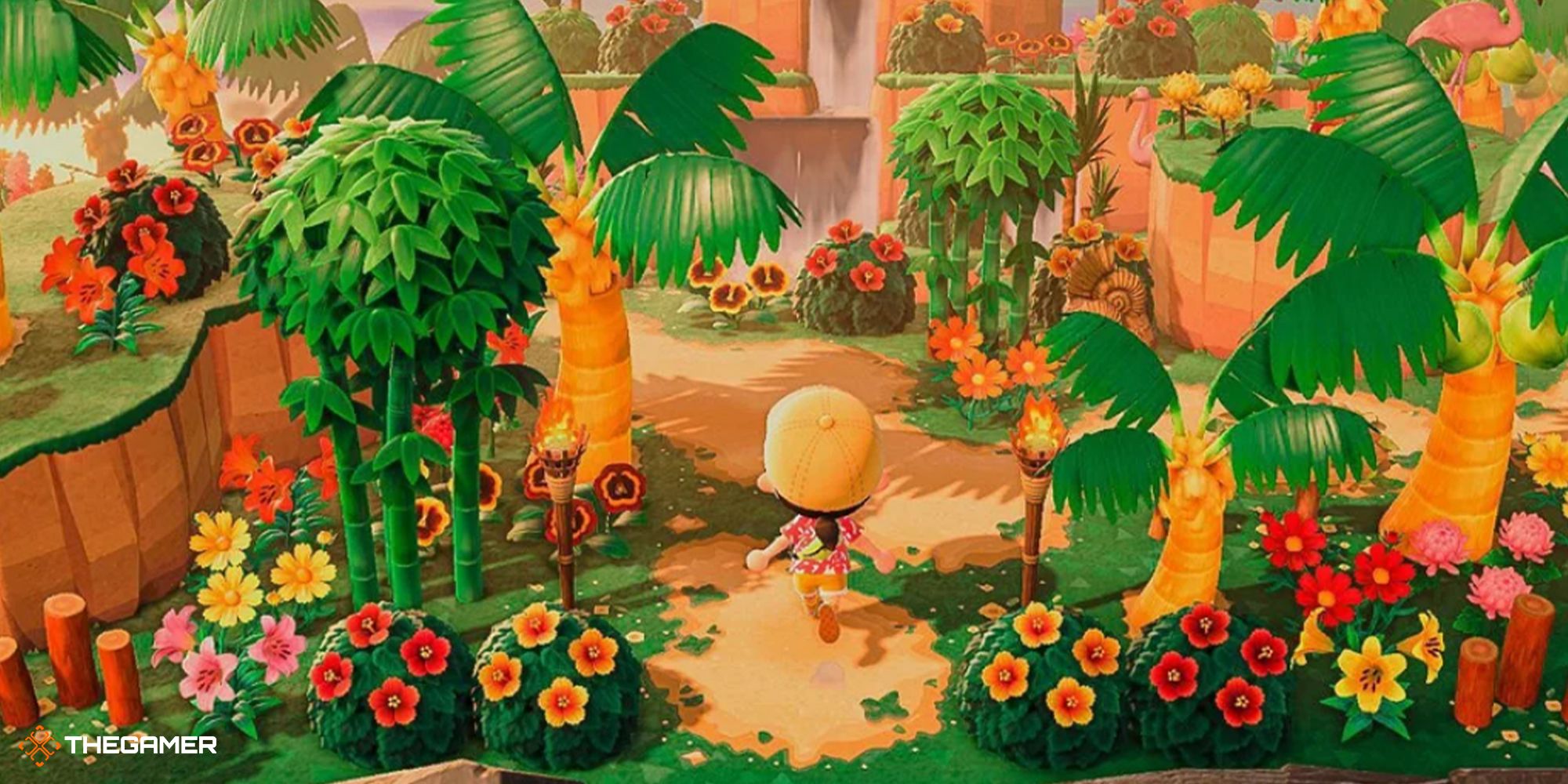An island entrance in Animal Crossing: New Horizons featuring tropical plants and liffs.