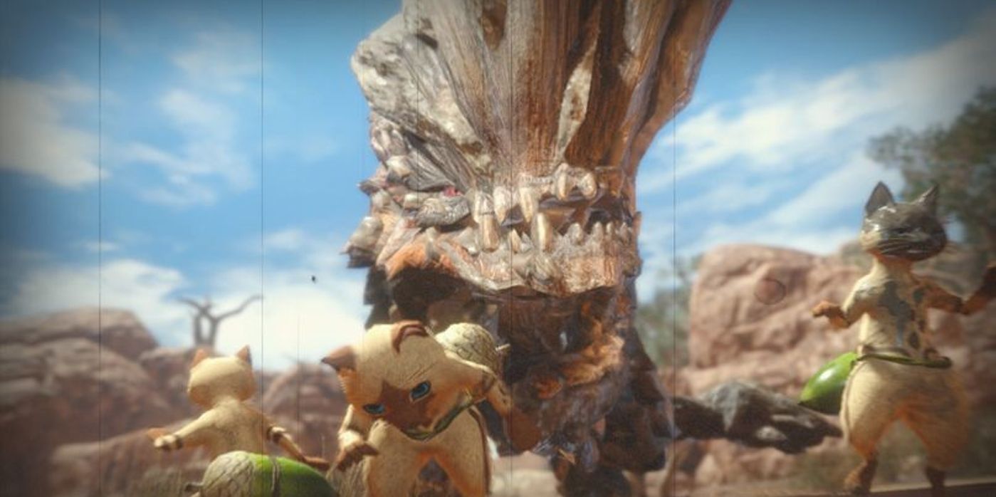 old style movie filter on scene of barroth chasing felynes in Sandy Plains
