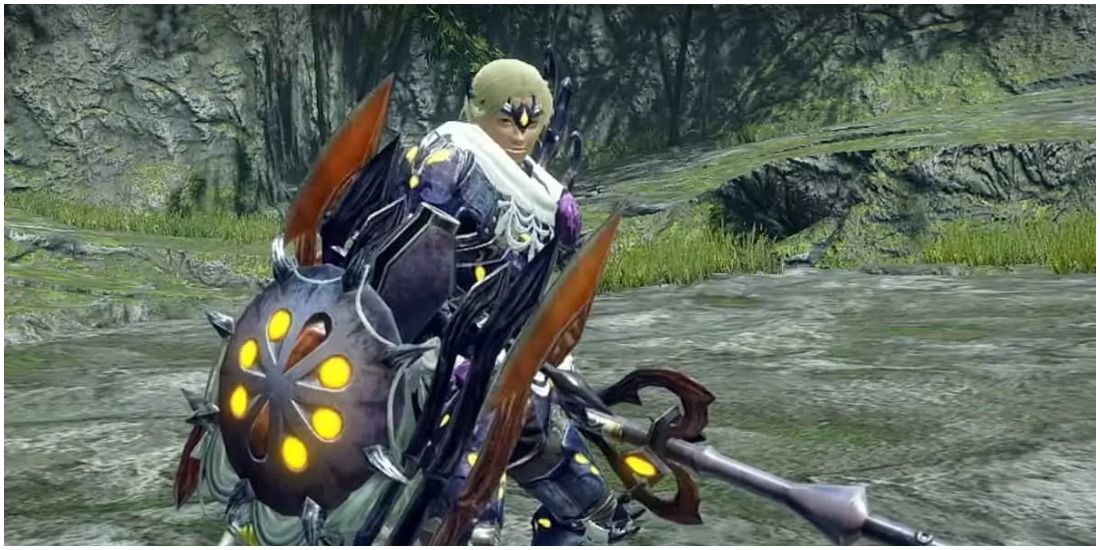 hunter wearing rakna kadaki armor with a rakna kadaki chargeblade posing towards camera, armor is spider themed