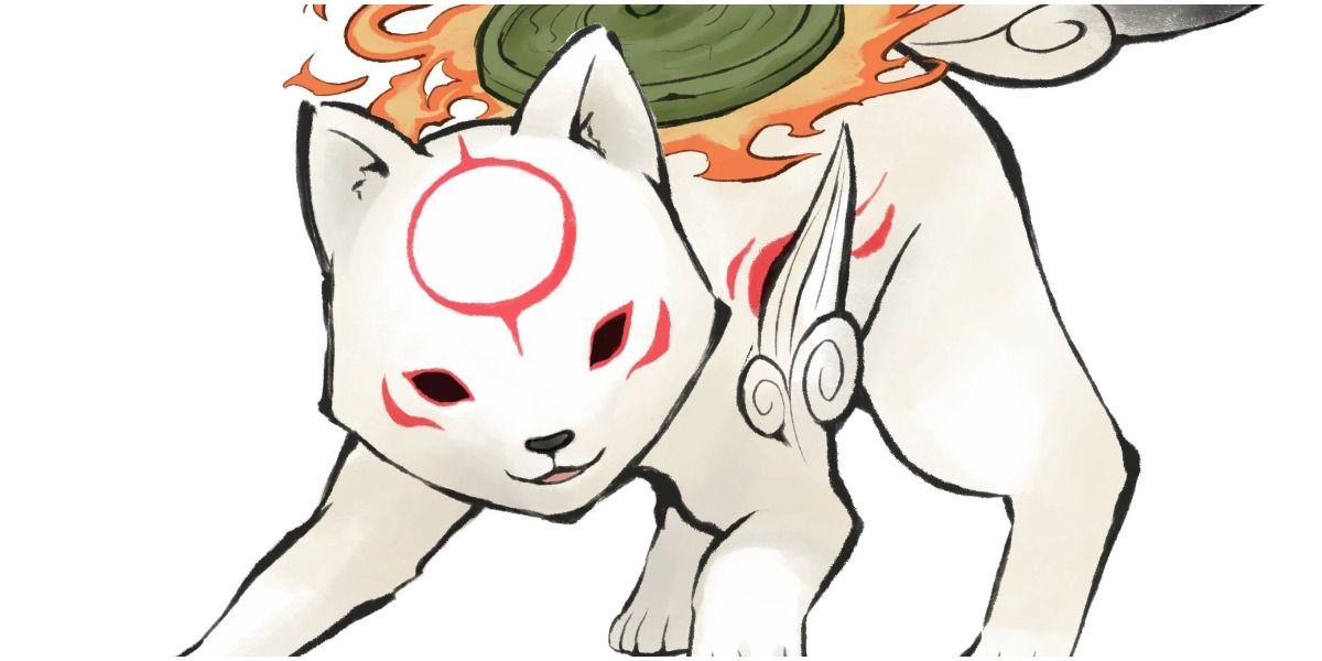 white wolf pup with flaming wheel on back and red markings around eyes and on body