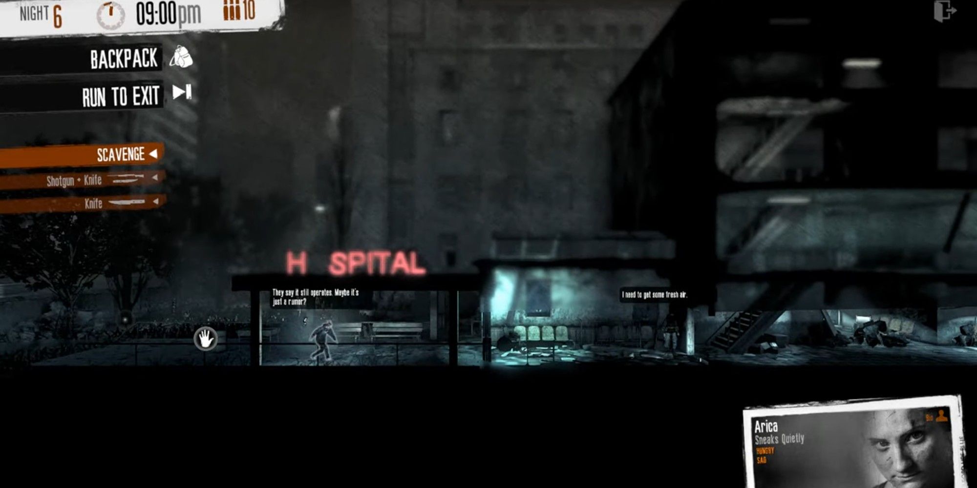 This War Of Mine: City Hospital Screenshot With Arica as the character under the hospital neon sign