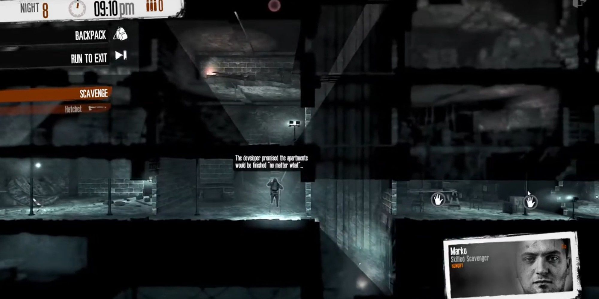 This War Of Mine: Construction Site Screenshot with Marko as the character next to an elevator shaft