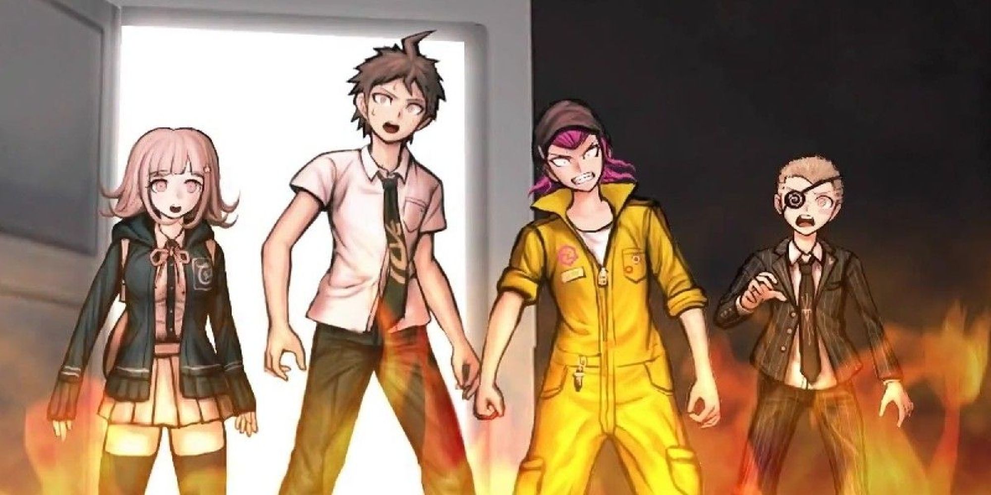 characters standing in front of fire