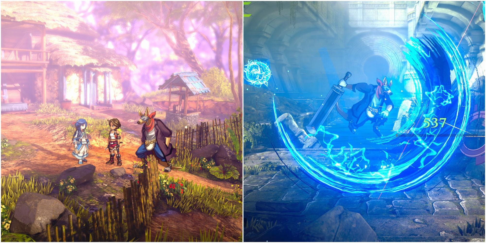 A collage showing scenes and gameplay for Eiyuden Chronicle: Rising