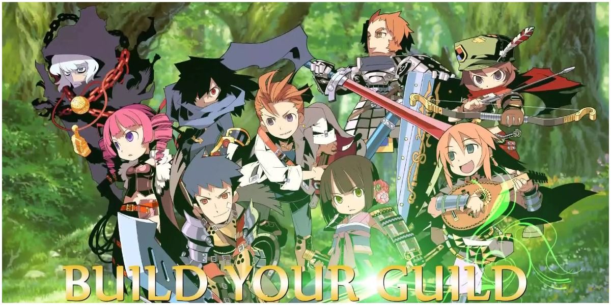 various classes of etrian odyssey 3 side by side in various different poses with tagline build your guild at bottom