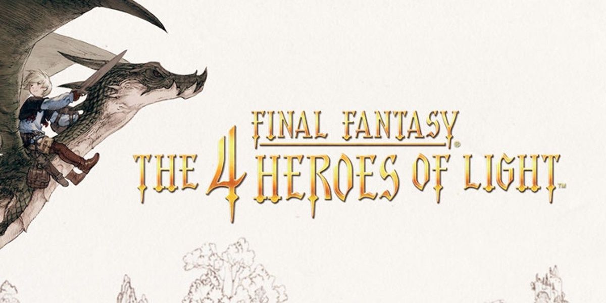 logo of final fantasy the 4 heroes of light with blonde haired youth riding on top of a dragon coming in from the left side of the image. hand-drawn art style