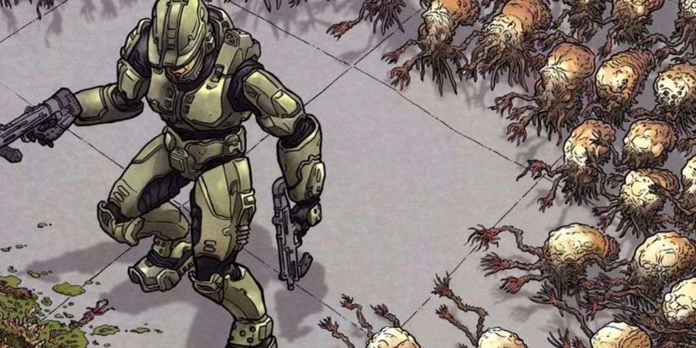 Master Chief being attacked by Flood pods