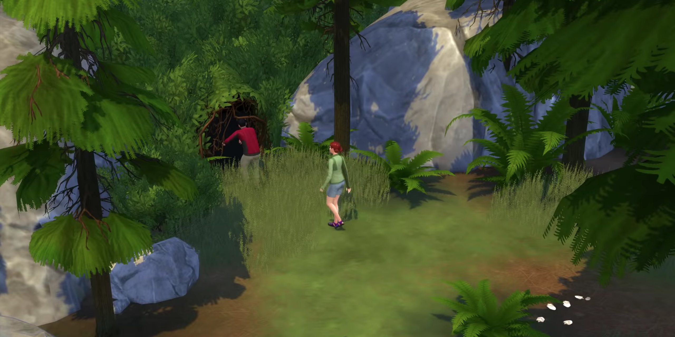 Two adventurous Sims go through a secret tunnel in Granite Falls