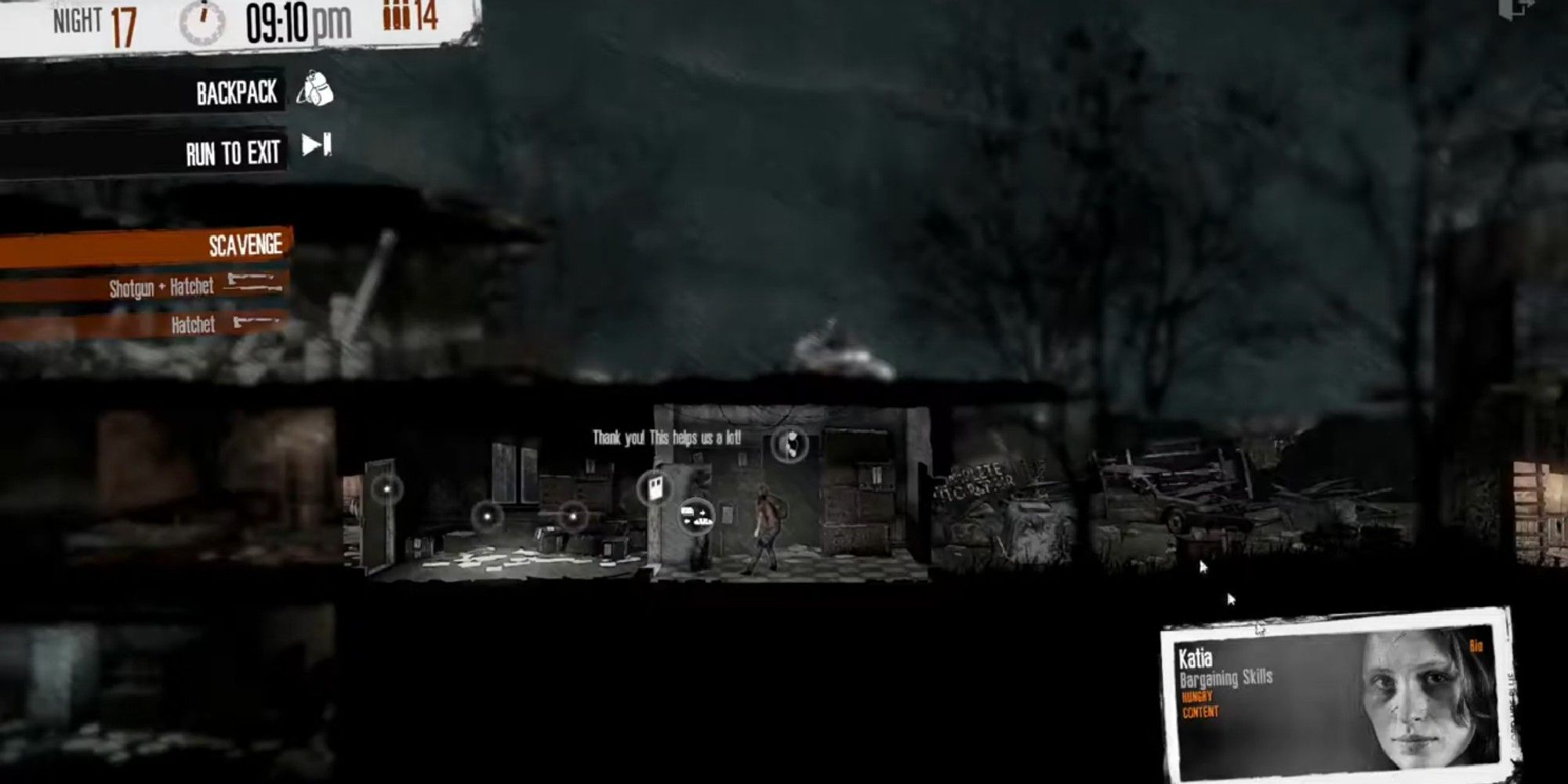 This War Of Mine: Garage Screenshot With Katia as the character talking to an NPC