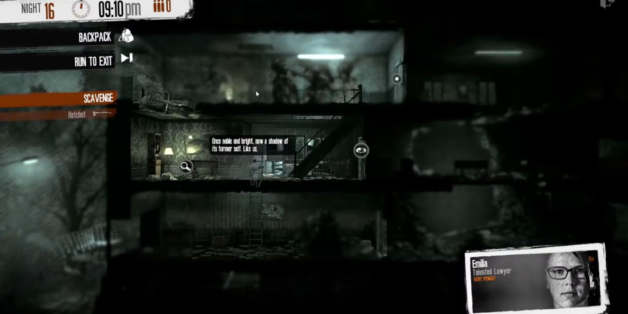 This War Of Mine: Hotel Screenshot With Emilia as the character thinking