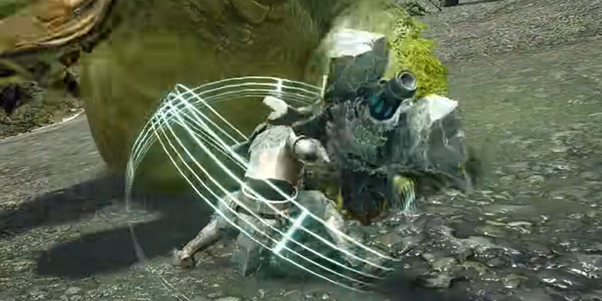 hunter wielding basarios hunting horn has music staff circling them like an aura as they prepare to engage a tetranodon