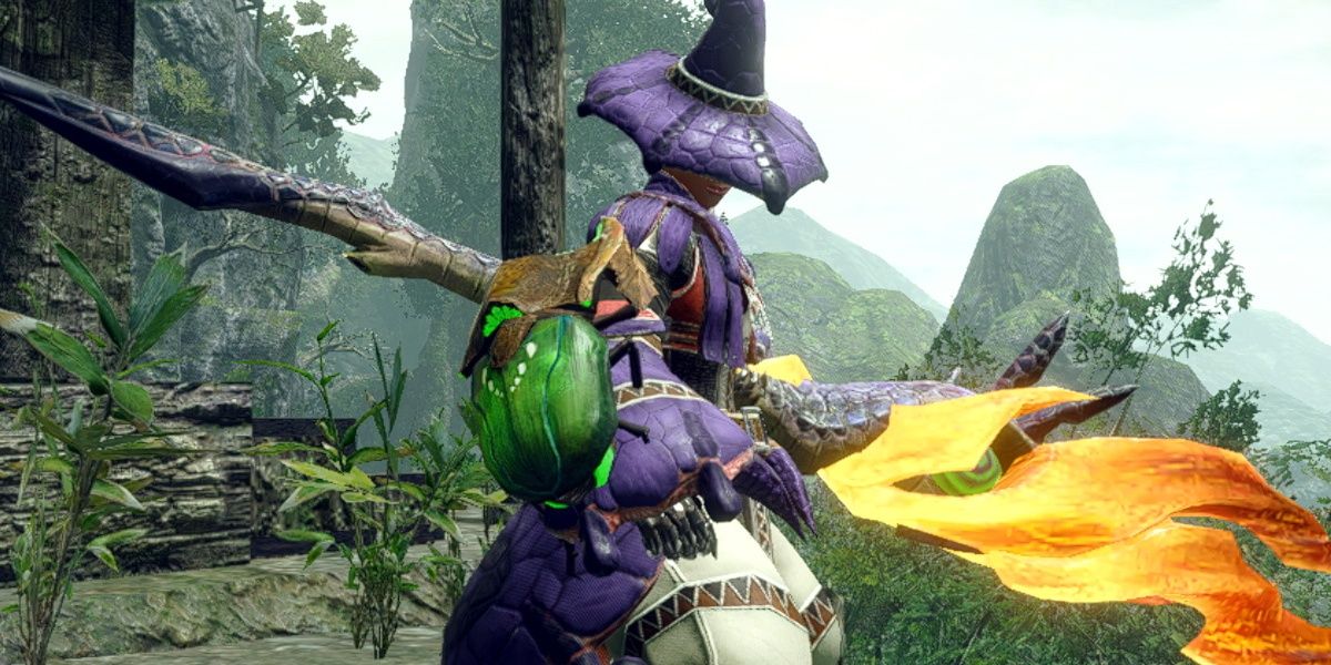 hunter adorned in chameleos armor with a chameleos insect glaive poses towards the camera in a cool pose with the brim of their hat covering their eyes. armor and weapon evoke a mystical and witch like vibe