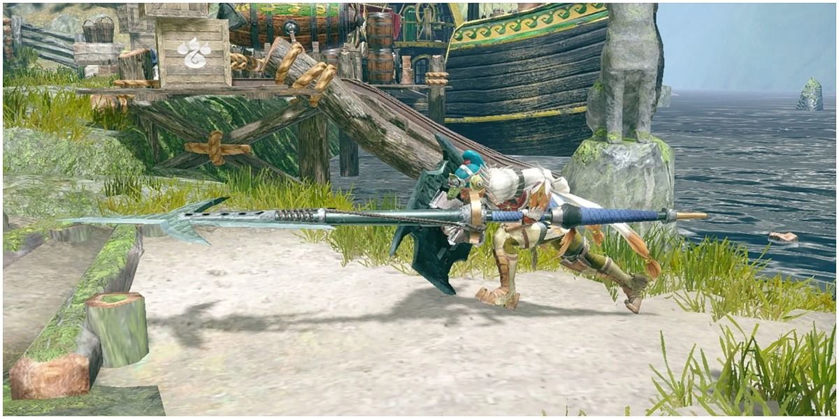 lance wielding hunter charges forward from a side angle