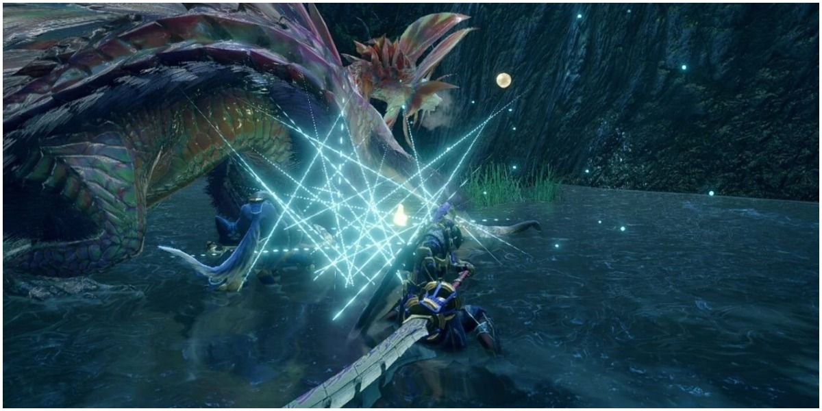 hunter slashing mizutsune with tons of smaller cuts filling the air in front of him