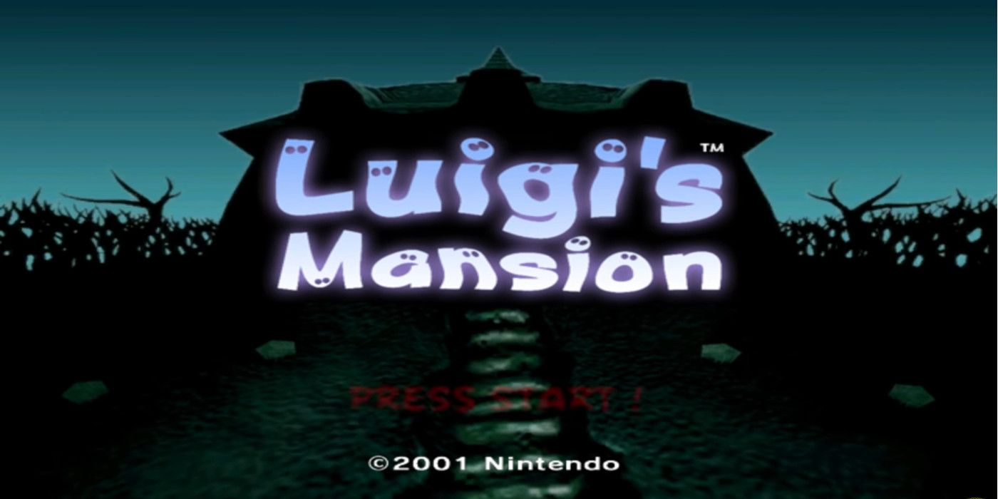 Luigi's Mansion Start screen, title of game superimposed over shadowy image of a mansion on a hill
