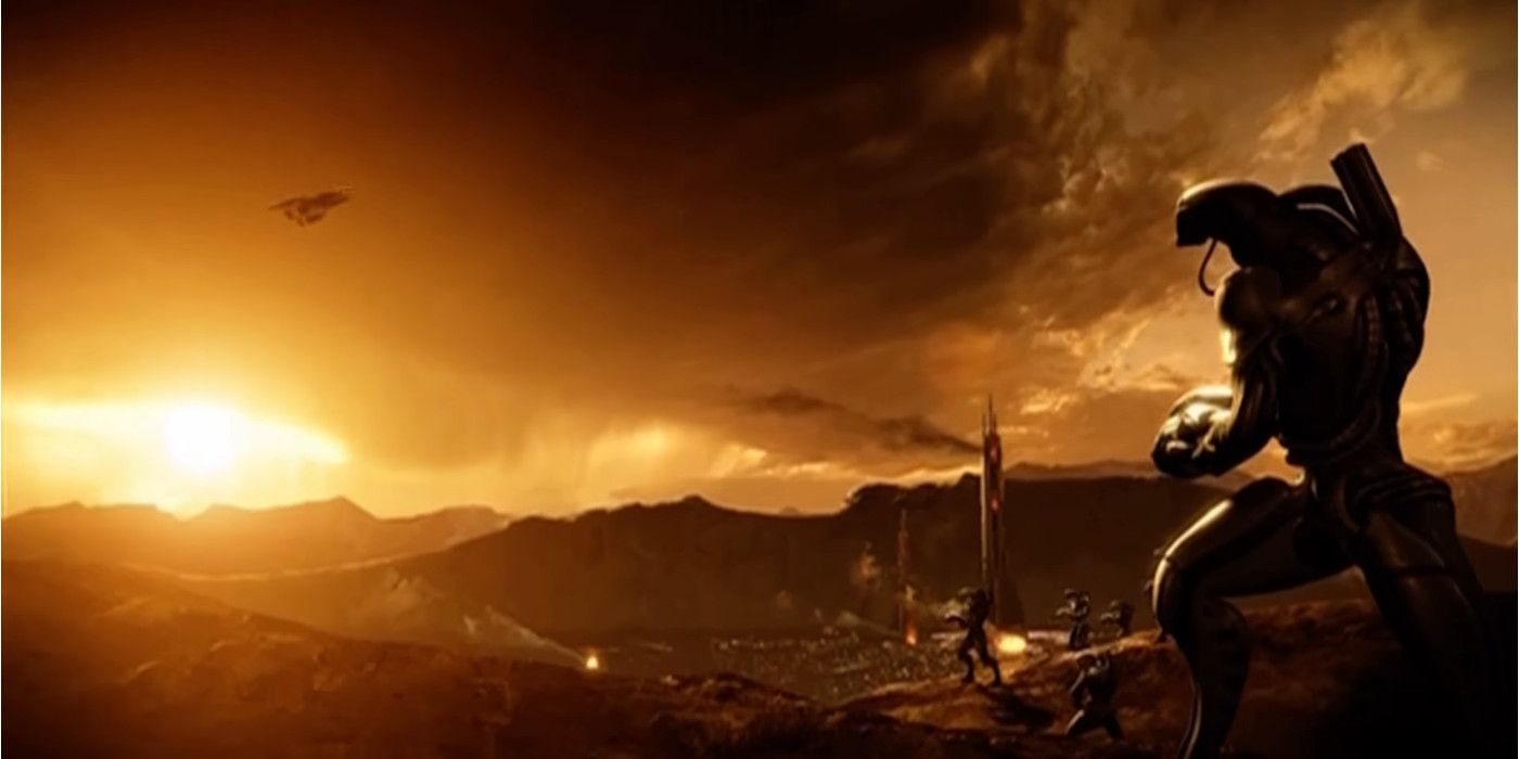 Mass Effect image of space shuttle landing on planet with aliens holding firearms